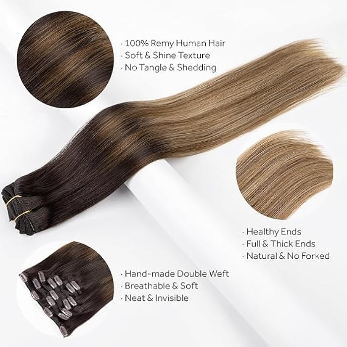 ECIF Clip in Hair Extensions, Real Human Hair Extensions, 100% Human Hair Remy Natural Hair Double Weft, 7 Pcs 120g Volume Invisible DIY Full Head Hair Extenion (Mix Brown T2/6/18 20 inch) - Image 3